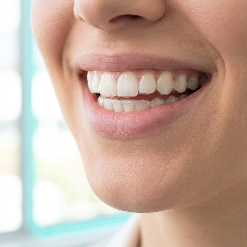Alinhador transparente Alinhadores Invisíveis sendo encaixado nos dentes — tratamento discreto